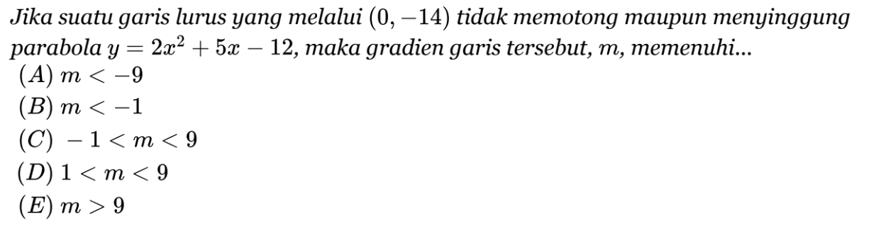 Jika suatu garis lurus yang melalui (0, -14) tidak memotong maupun menyinggung parabola y = 2x^2 + 5x - 12, maka gradien garis tersebut, m, memenuhi...