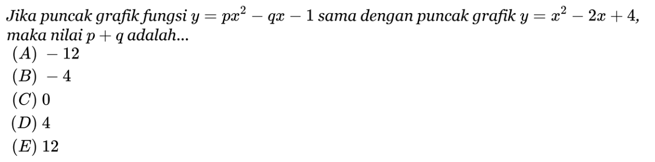 Jika puncak grafik fungsi y = px^2 - qx - 1 sama dengan puncak grafik y = x^2 -2x + 4, maka nilai p + q adalah (A) . -12 (B) -4 (C) 0 (D) 4 (E) 12