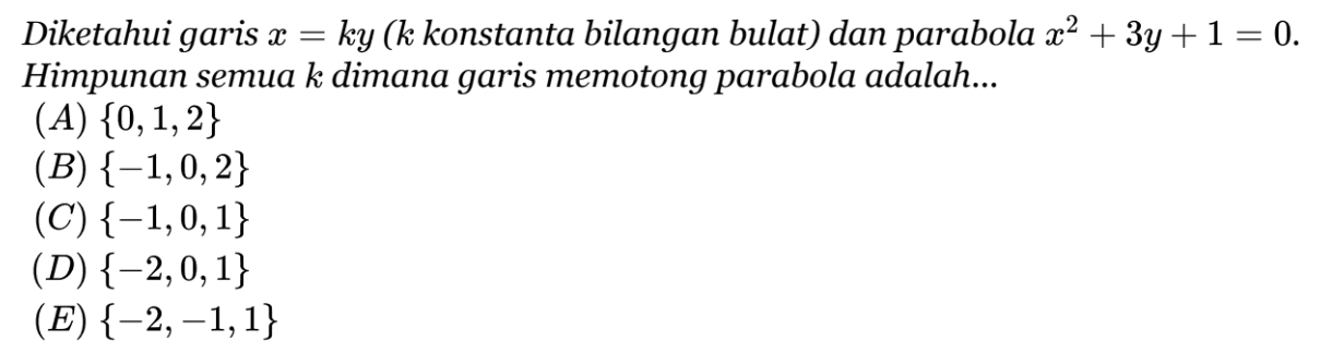 Diketahui garis x=ky(k. konstanta bilangan bulat) dan parabola x^2+3y+1=0. Himpunan semua k dimana garis memotong parabola adalah... 