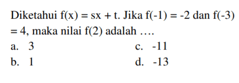 Diketahui f(x) = sx + t. Jika f(-1) = -2 dan f(-3) = 4, maka nilai f(2) adalah ....