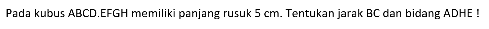 Pada kubus ABCD.EFGH memiliki panjang rusuk 5 cm. Tentukan jarak BC dan bidang ADHE !