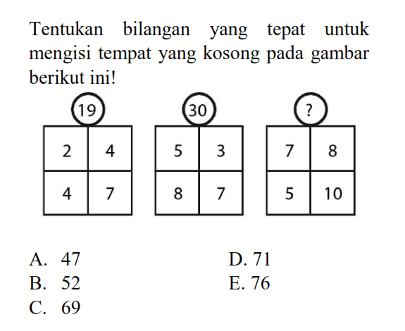 Tentukan bilangan yang tepat untuk mengisi tempat yang kosong pada gambar berikut ini! 19 2 4 4 7 30 5 3 8 7 ? 7 8 5 10