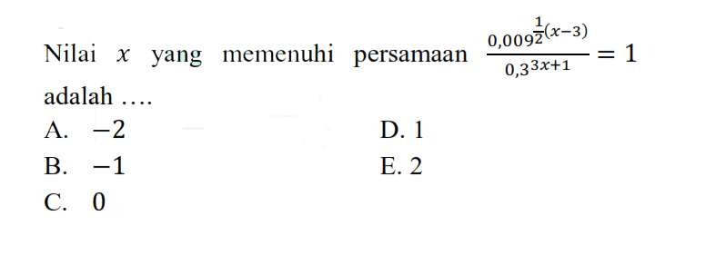 Nilai x yang memenuhi persamaan 0,009^(1/2(x-3))/0,3^(3x+1) = 1 adalah....