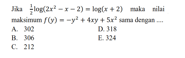 Jika (1/2)log(2x^2-x-2)=log(x+2) maka nilai maksimum f(y)=-y^2+4xy+5x^2 sama dengan ....