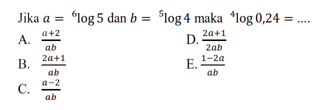 Jika a = 6log5 dan b = 5log 4 maka 4log 0,24 =