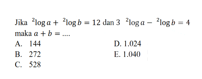 Jika 2loga+2logb=12 dan 3 1loga-2logb=4 maka a+b=...