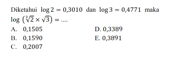 Diketahui log 2=0,3010 dan log 3=0,4771 maka log (2^(1/3)xakar(3))= ...