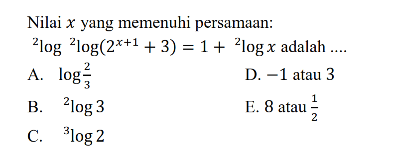 Nilai x yang memenuhi persamaan: 2log 2log(2^(x+1) +3)=1+2logx adalah ...