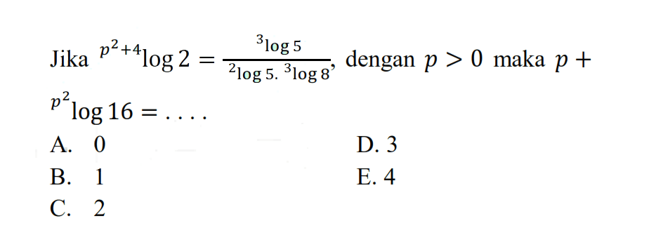 Jika (p^2+4)log2=(3log5)/(2log5.3log8), dengan p>0 maka p+(p^2)log16= ...