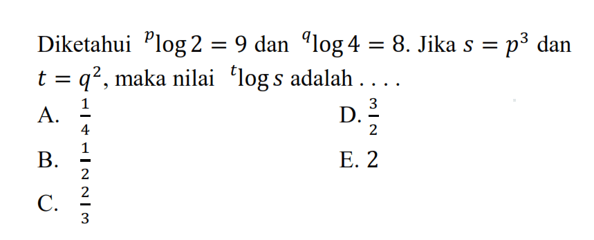 Diketahui plog2=9 dan qlog4=8. Jika s=p^3 dan t=q^2, maka nilai tlogs adalah ...