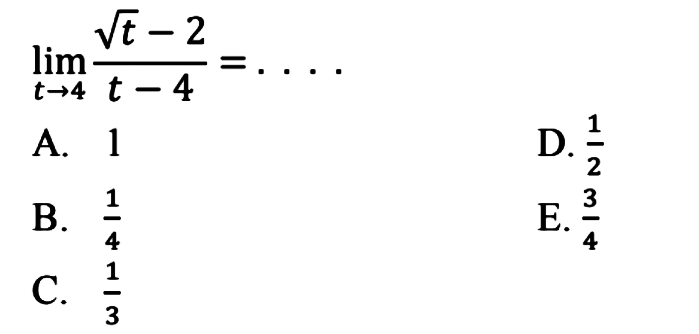 lim t->4 (akar(t)-2)/(t-4)= . . . .