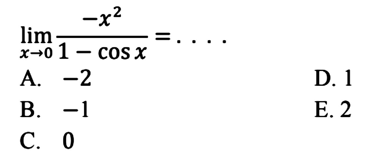 limit x mendekati 0 -x^2/(1-cos x)=....