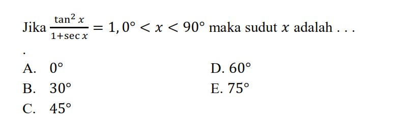 Jika tan^2 x/(1+sec x)=1, 0<x<90 maka sudut x adalah ...