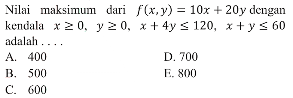 Nilai maksimum dari f(x,y)=10x+20y dengan kendala x>=0, y>=0, x+4y<=120, x+y<=60 adalah ...