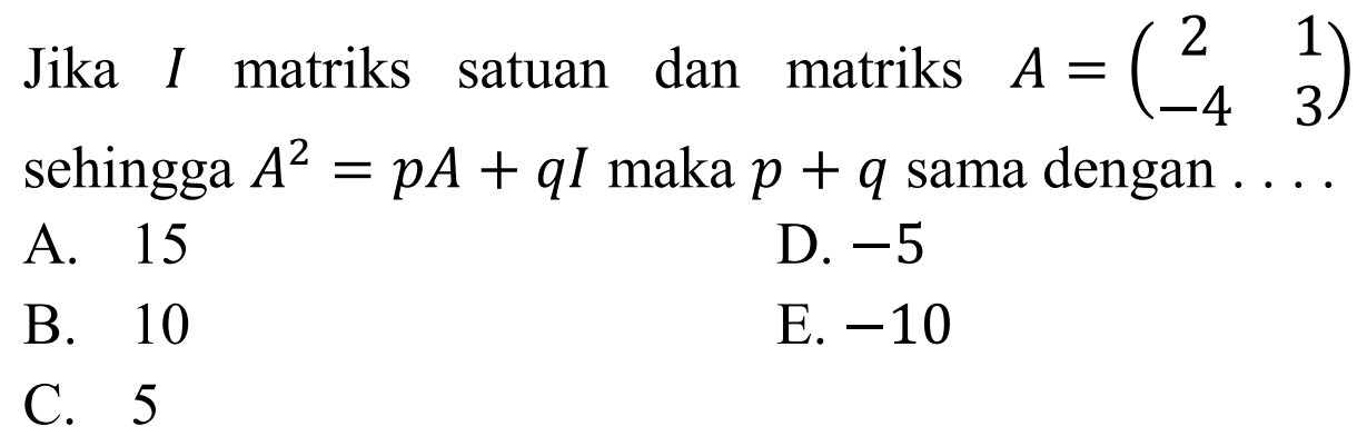 Jika I matriks satuan dan matriks A=(2 1 -4 3) sehingga A^2=pA+qI maka p+q sama dengan . . . .