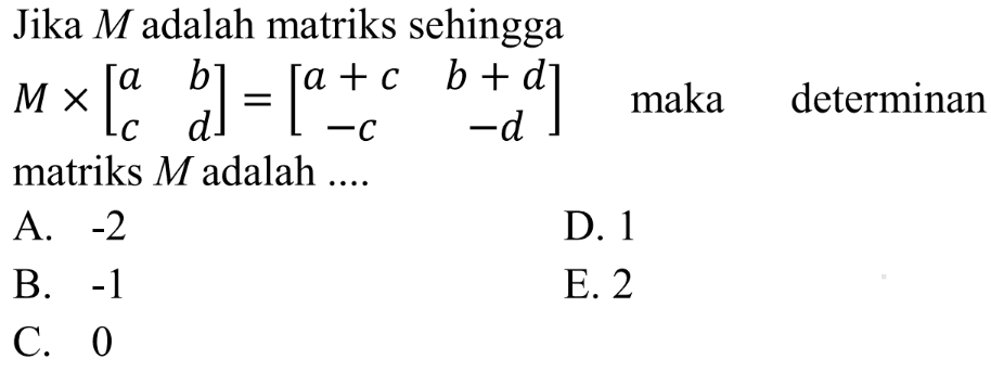 Jika M adalah matriks sehingga Mx[a b c d]=[a+c b+d -c -d] maka determinan matriks M adalah ....