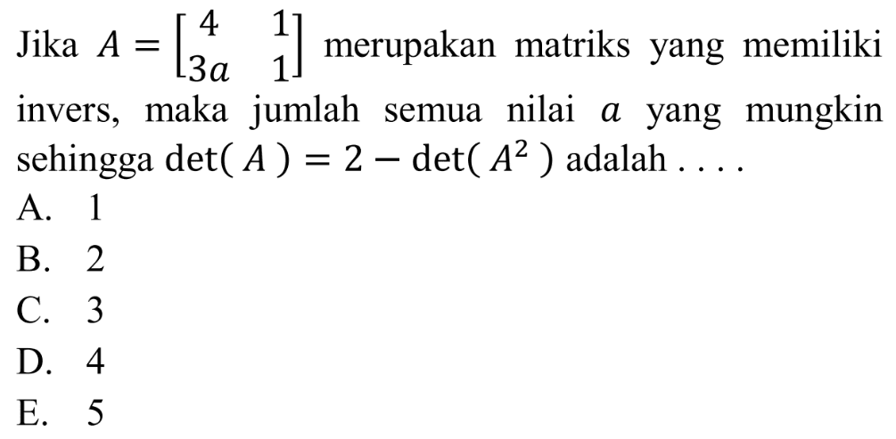 Jika A=[4 1 3a 1] merupakan matriks yang memiliki invers, maka jumlah semua nilai a yang mungkin sehingga det(A)=2-det(A^2) adalah ...