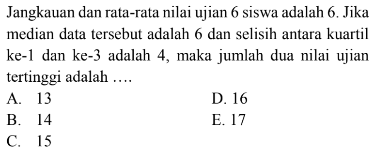 Jangkauan dan rata-rata nilai ujian 6 siswa adalah 6. Jika median data tersebut adalah 6 dan selisih antara kuartil ke-1 dan ke-3 adalah 4, maka jumlah dua nilai ujian tertinggi adalah....