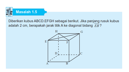 Masalah 1.5 Diberikan kubus ABCD.EFGH sebagai berikut. Jika panjang rusuk kubus adalah 2 cm, berapakah jarak titik A ke diagonal bidang EB?