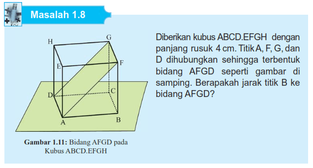 Masalah 1.8 Diberikan kubus ABCDEFGH dengan panjang rusuk 4 cm. Titik A, F, G,dan D dihubungkan sehingga terbentuk bidang AFGD seperti gambar samping. Berapakah jarak titik B ke bidang AFGD? Gambar I.II: Bidang AFGD pada Kubus ABCDEFGH