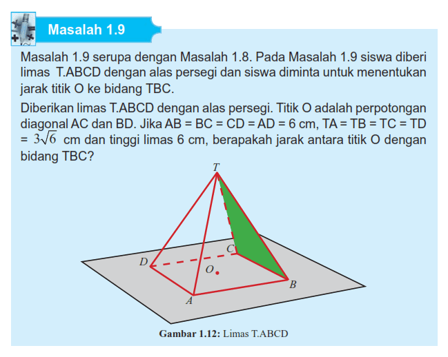 Masalah 1.9 Masalah 1.9 serupa dengan Masalah 1.8. Pada Masalah 1.9 siswa diberi limas T.ABCD dengan alas persegi dan siswa diminta untuk menentukan jarak titik O ke bidang TBC. Diberikan limas T.ABCD dengan alas persegi. Titik O adalah perpotongan diagonal AC dan BD. Jika AB=BC=CD=AD = 6 cm, TA=TB =TC=TD= 3 akar()6 cm dan tinggi limas 6 cm, berapakah jarak antara titik O dengan bidang TBC? Gambar 1.12: Limas T.ABCD