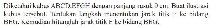Diketahui kubus ABCD.EFGH dengan panjang rusuk 9 cm. Buat ilustrasi kubus tersebut. Tentukan langkah menentukan jarak titik F ke bidang BEG. Kemudian hitunglah jarak titik F ke bidang BEG.