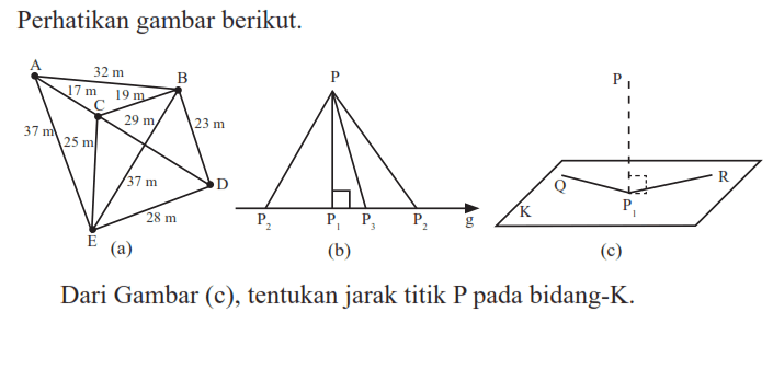 Perhatikan gambar berikut. A 32m B P 17m 19m 29m 23m 37m 25m 37 m D 28m E P2 P1 P3 P2 K Dari Gambar (c), tentukan jarak titik P pada bidang-K.