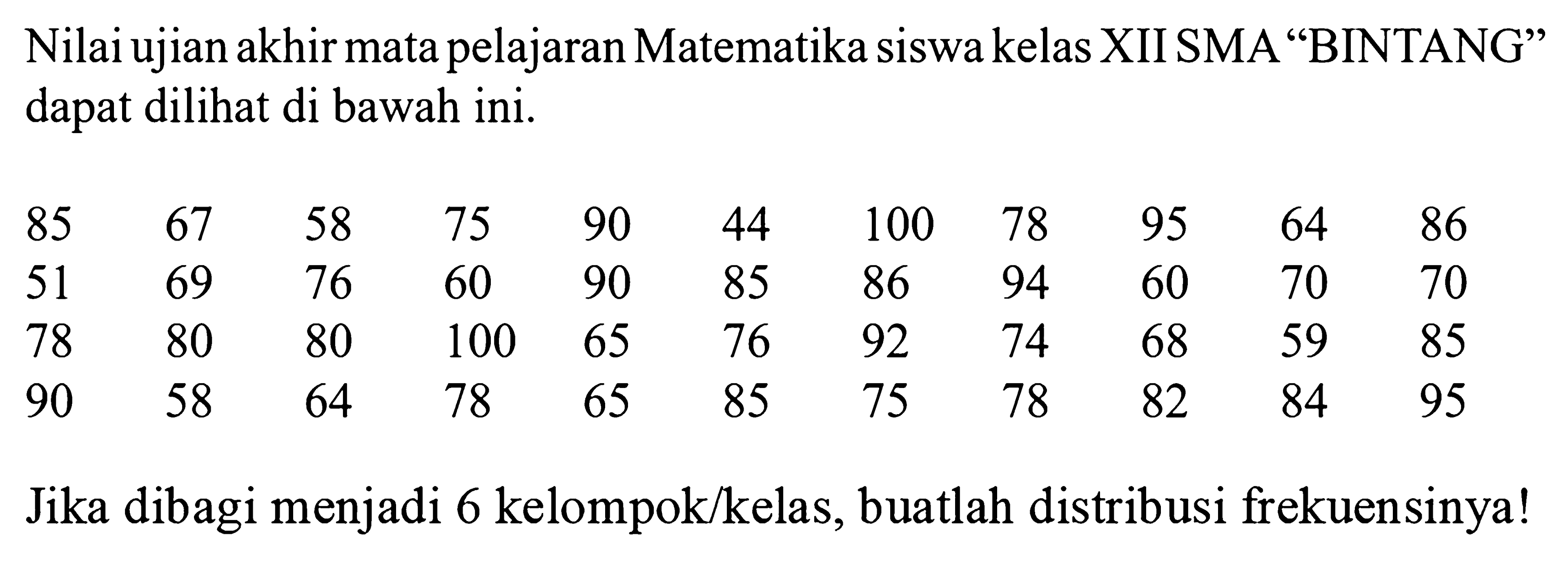 Nilai ujian akhir mata pelajaran Matematika sisa kelas XII SMA "BINTANG" dapat dilihat di bawah ini. 85 67 58 75 90 44 100 78 95 64 86 51 69 76 60 90 85 86 94 60 70 70 78 80 80 100 65 76 92 74 68 59 85 90 58 64 78 65 85 75 78 82 84 95 Jika dibagi menjadi 6 kelompok/kelas, buatlah distribusi frekuensinya!