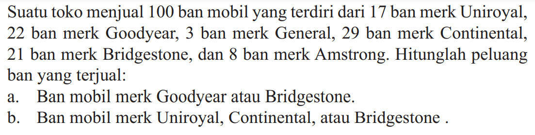 Suatu toko menjual 100 ban mobil yang terdiri dari 17 ban merk Uniroyal, 22 ban merk Goodyear, 3 ban merk General, 29 ban merk Continental, 21 ban merk Bridgestone, dan 8 ban merk Amstrong. Hitunglah peluang ban yang terjual:a. Ban mobil merk Goodyear atau Bridgestone.b. Ban mobil merk Uniroyal, Continental, atau Bridgestone.