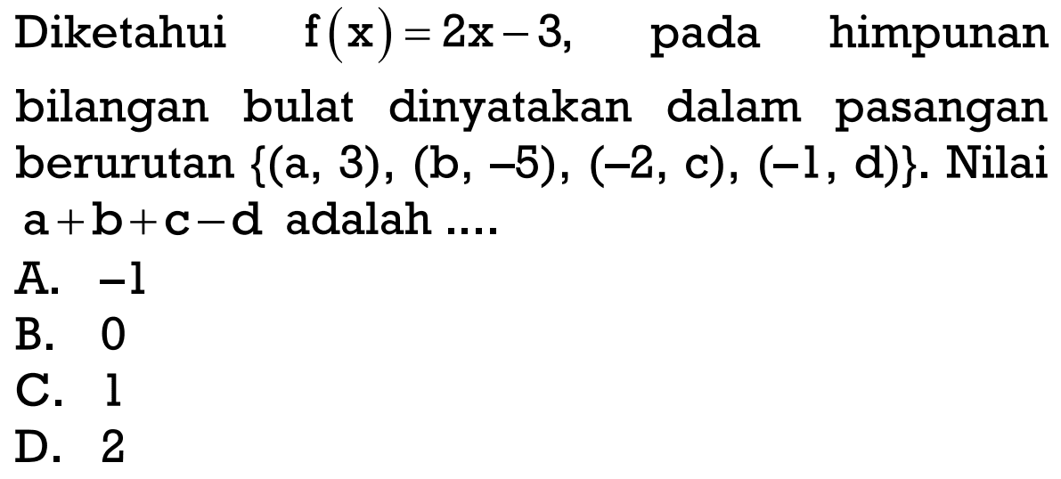 Diketahui f(x) = 2x - 3, pada himpunan bilangan bulat dinyatakan dalam pasangan berurutan {(a, 3), (b, -5), (2, c), (-1, d)}. Nilai a + b + c - d adalah....