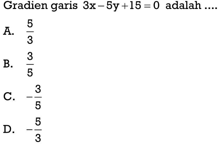 Gradien garis 3x - 5y + 15 = 0 adalah...