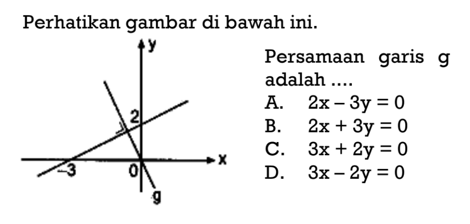 Perhatikan gambar di bawah ini. Persamaan garis g adalah ... A. 2x - 3y = 0 B. 2x + 3y = 0 C. 3x + 2y = 0 D. 3x - 2y = 0