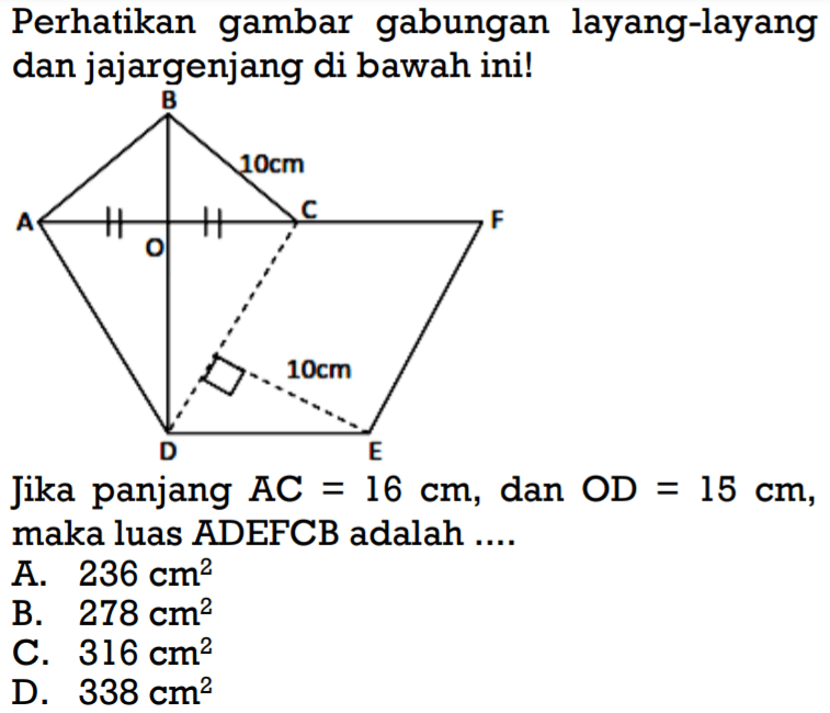 Perhatikan gambar gabungan layang-layang dan jajargenjang di bawah ini! Jika panjang AC=16 cm, dan OD=15 cm, maka luas ADEFCB adalah ....10 cm 10 cm A. 236 cm^2 B. 278 cm^2 C. 316 cm^2 D. 338 cm^2 