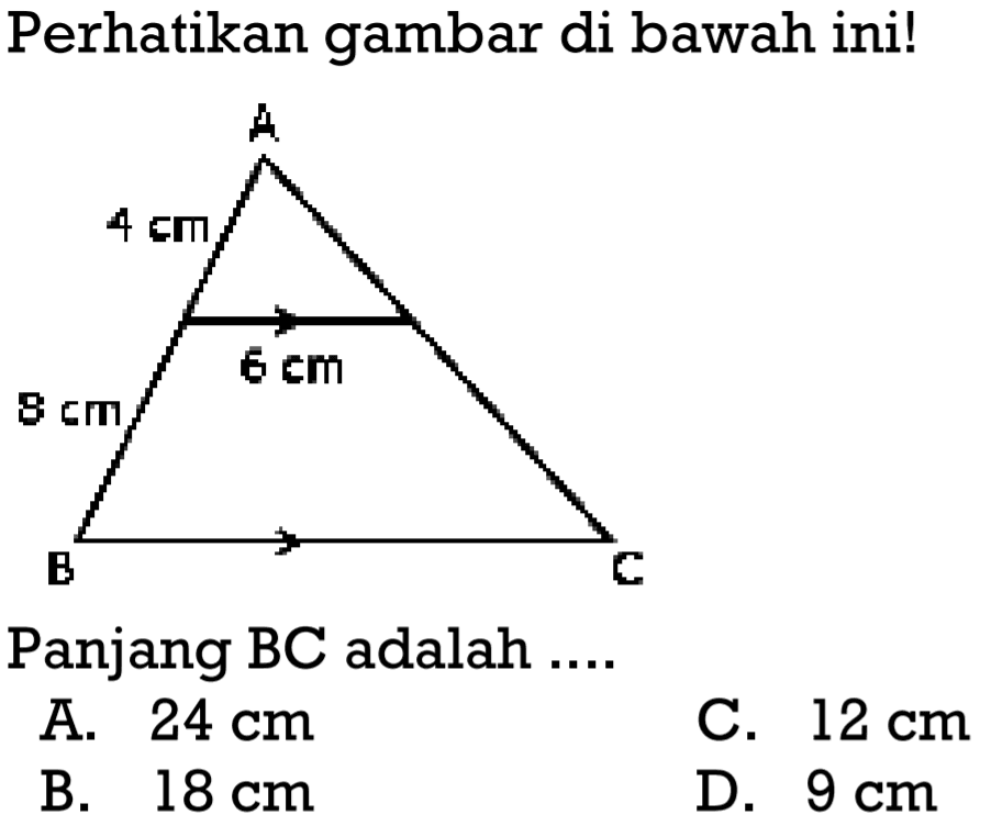 Perhatikan gambar di bawah ini! A 4 cm 6 cm 8 cm B C Panjang BC adalah ....