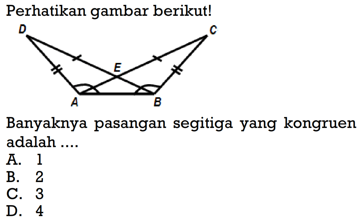 Perhatikan gambar berikut!Banyaknya pasangan segitiga yang kongruen adalah ....