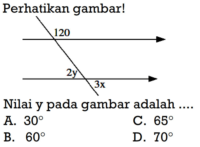 Perhatikan gambar! 120 2y 3x
Nilai y pada gambar adalah ....
