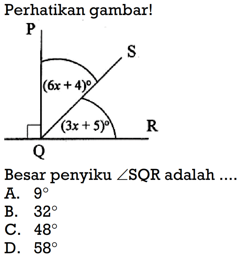 Perhatikan gambar!Besar penyiku sudut SQR adalah ....