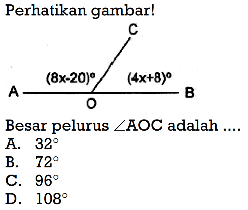 Perhatikan gambar!Besar pelurus  sudut AOC  adalah ....A.  32 B.  72 C.  96 D.  108 