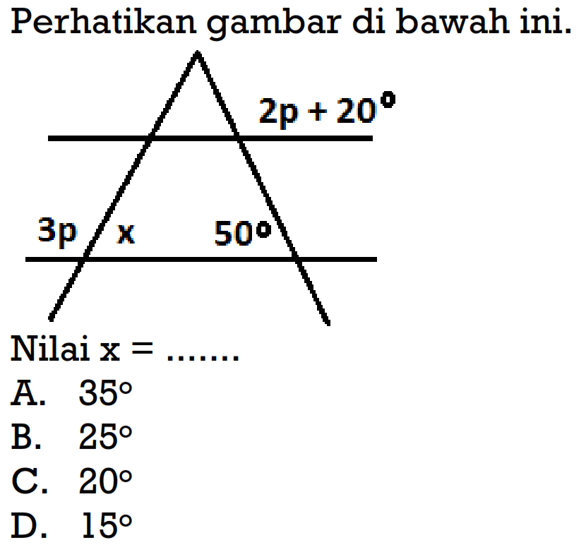 Perhatikan gambar di bawah ini. 2p+20 3p x 50Nilai  x= A. 35 B. 25 C. 20 D. 15 