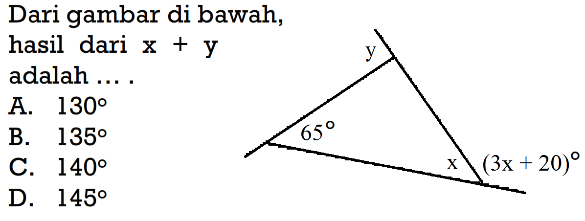 Dari gambar di bawah,hasil dari x+yadalah  ....y 65 x (3x + 20)