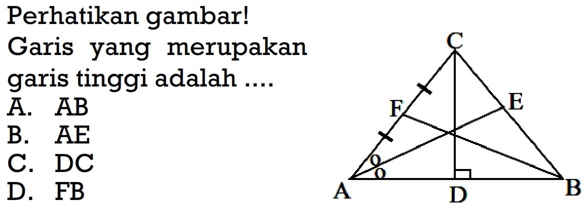 Perhatikan gambar!Garis yang merupakan garis tinggi adalah....A. AB 
B. AE 
C. DC 
D. FB 