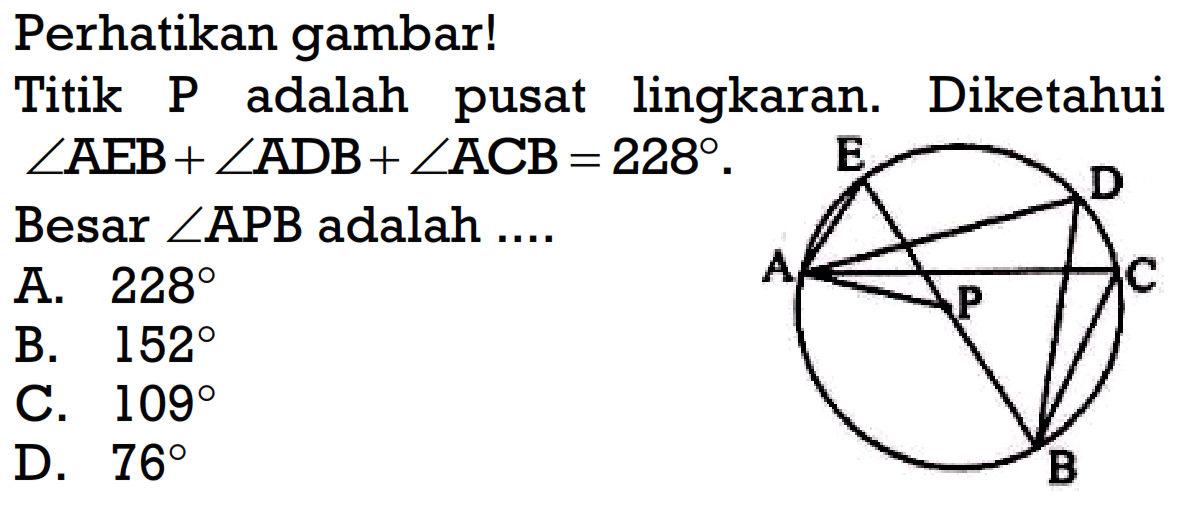 Perhatikan gambar! Titik P adalah pusat lingkaran. Diketahui sudut AEB+sudut ADB+sudut ACB=228. Besar sudut APB adalah .... A. 228 B. 152 C. 109 D. 76