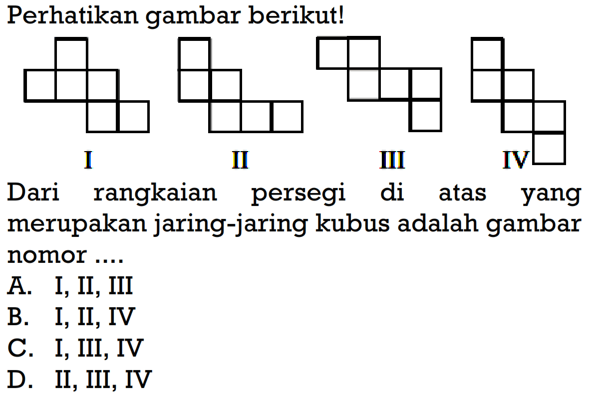 Perhatikan gambar berikut!Dari rangkaian persegi di atas yang merupakan jaring-jaring kubus adalah gambar nomor....