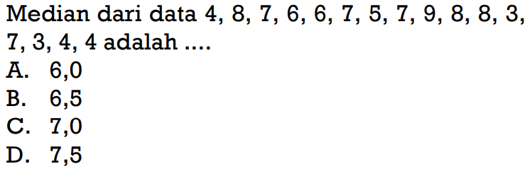 Median dari data  4,8,7,6,6,7,5,7,9,8,8,3 ,  7,3,4,4  adalah ....