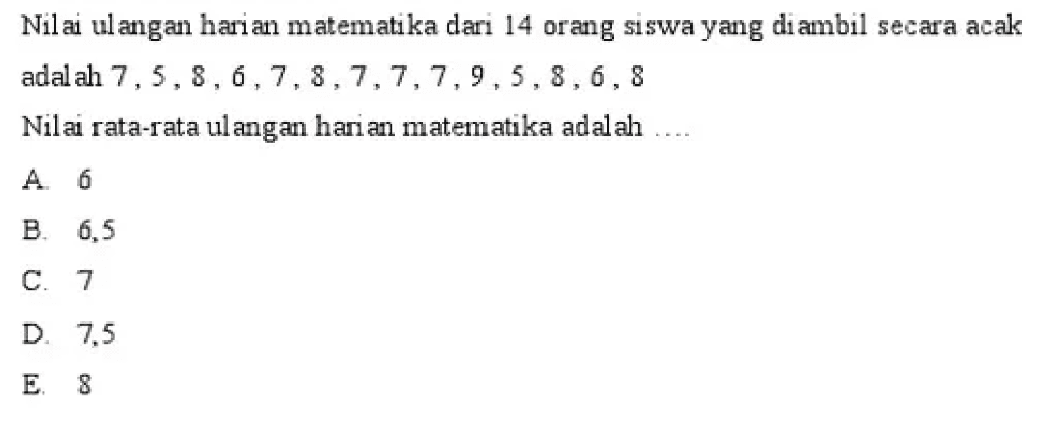 Nilai ulangan harian matematika dari 14 orang siswa yang diambil secara acak adalah 7, 5, 8, 6, 7, 8, 7, 7, 7, 9, 5, 8, 6, 8 Nilai rata-rata ulangan harian matematika adalah....