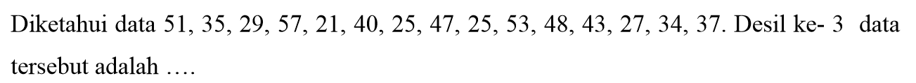 Diketahui data 51,35,29, 57,21, 40, 25, 47,25, 53, 48, 43,27, 34, 37. Desil ke- 3 data tersebut adalah ....