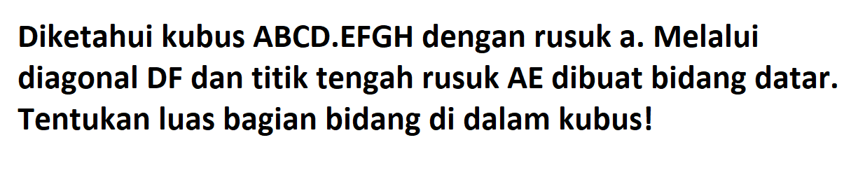 Diketahui kubus ABCD.EFGH dengan rusuk a. Melalui diagonal DF dan titik tengah rusuk AE dibuat bidang datar. Tentukan luas bagian bidang di dalam kubus!