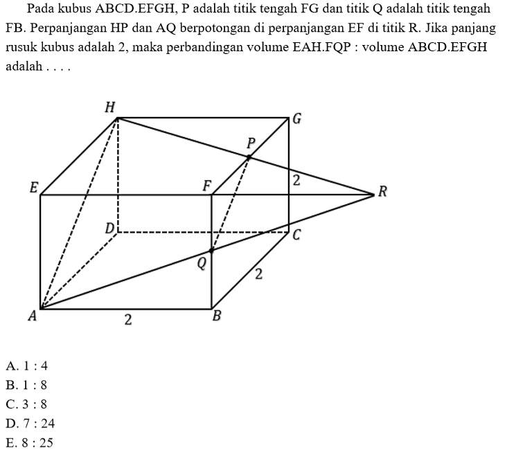 Pada kubus ABCD.EFGH, P adalah titik tengah FG dan titik Q adalah titik tengah FB. Perpanjangan HP dan AQ berpotongan di perpanjangan EF di titik R. Jika panjang rusuk kubus adalah 2, maka perbandingan volume EAH.FQP:volume ABCD.EFGH adalah ......