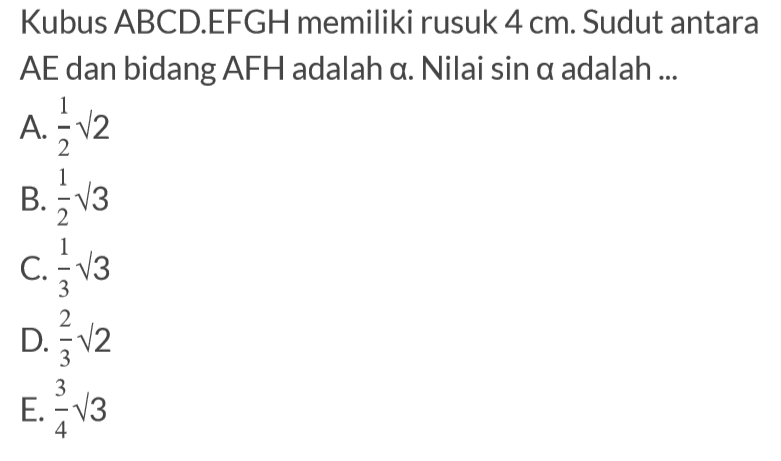 Kubus ABCD.EFGH memiliki rusuk 4 cm. Sudut antara AE dan bidang AFH adalah a. Nilai sin a adalah ....