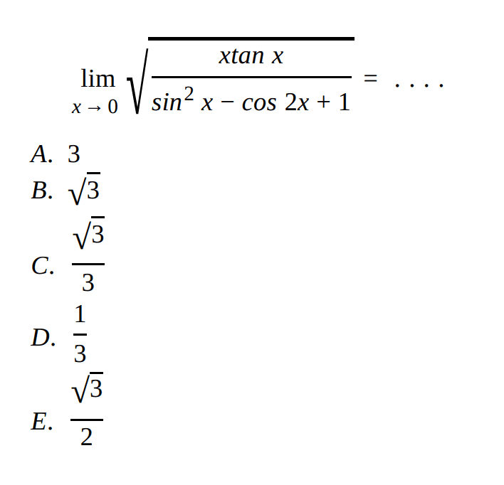 limit x->0 akar((xtan x)/(sin^2(x)-cos 2x+1))= ...